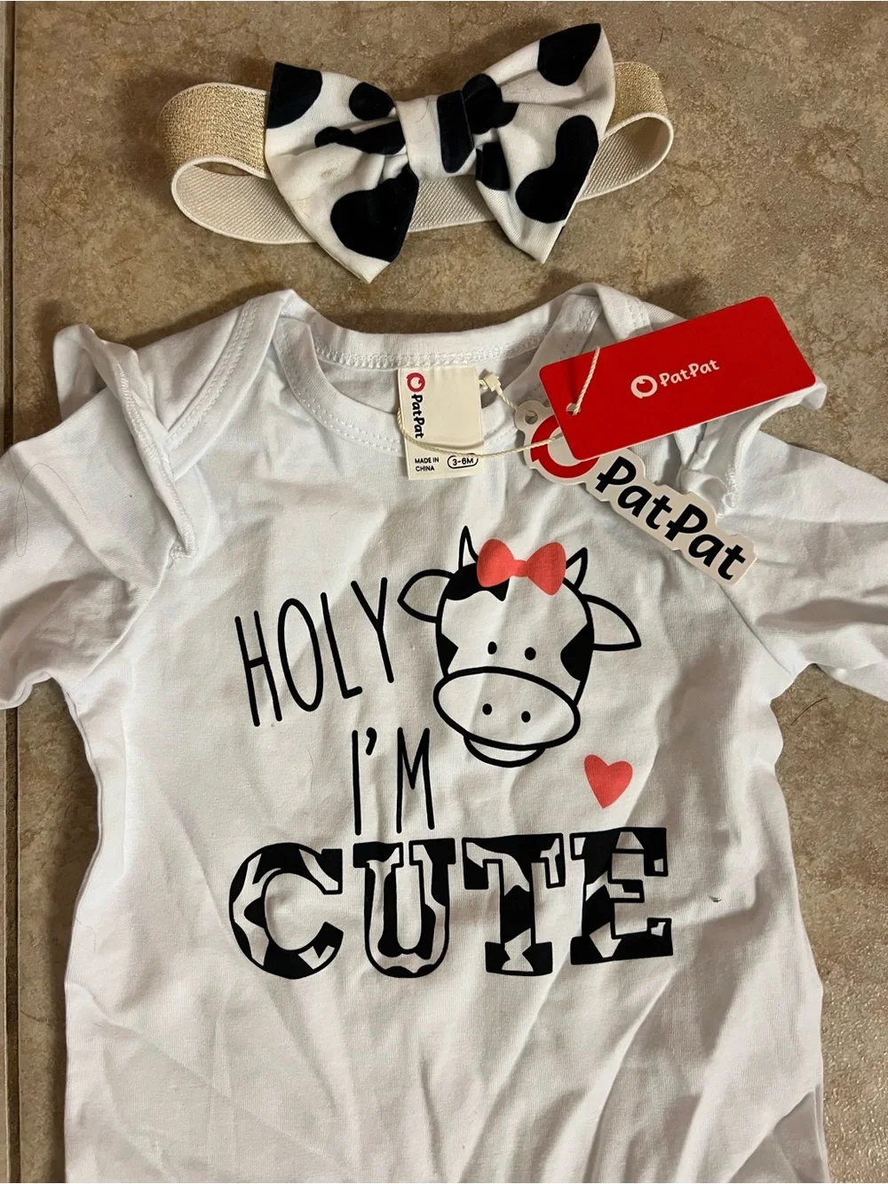 PatPat “Holy I’m Cute” Cow Print 3-Piece Outfit Set | Size 3–6 Months | NWT